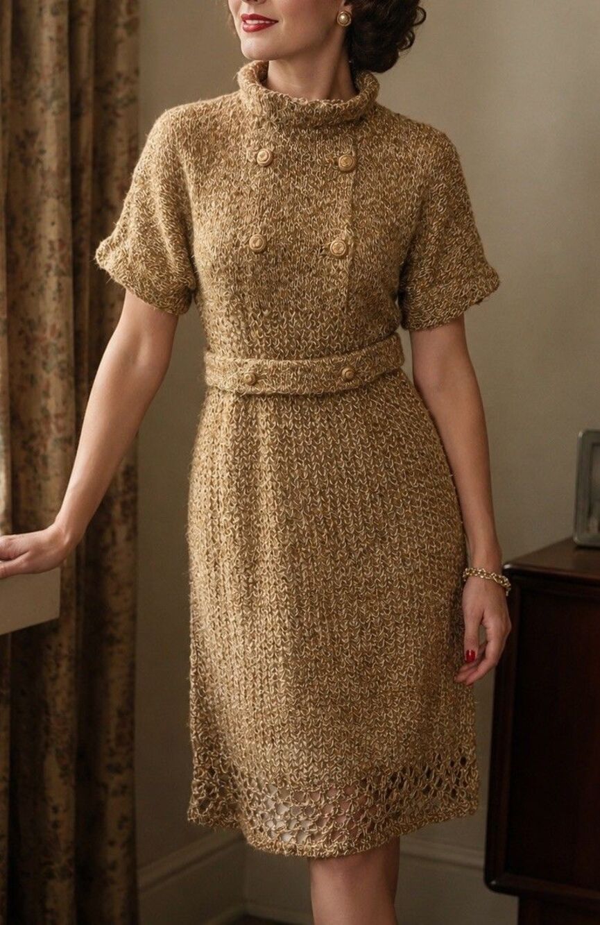 Vintage 50's Handmade Knitted Sweater Dress Beige Wiggle Belted Classic Small